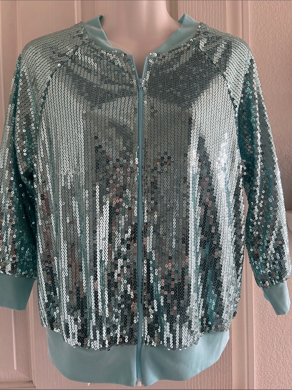 Slinky Brand Light Aqua Sequin Bomber Jacket